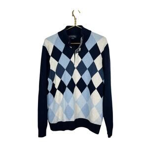 Brooks Brothers Italian Merino Wool Argyle Sweater Blue Button Collar Sz XL